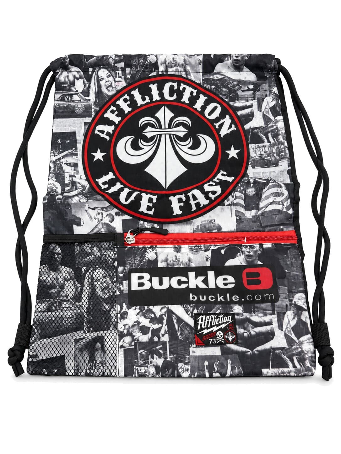 Affliction True Fans Buckle RockNRoll Drawstring Backpack Black Red-Used
