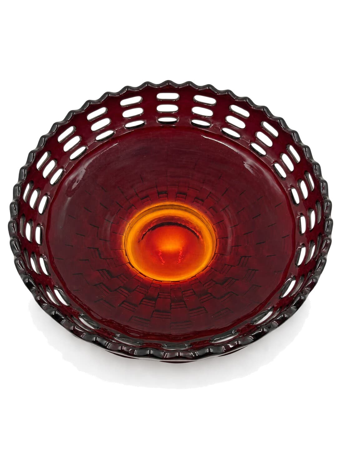 Fenton Reverse Amberina 2-Row Open Edge Basket Weave Glass Bowl