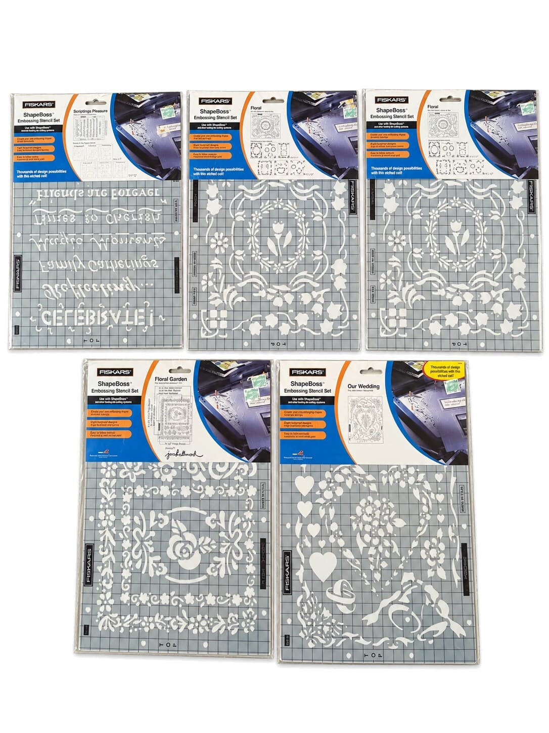 Fiskars ShapeBoss Embossing Stencil Set Lot of 5 Floral Wedding Phrases