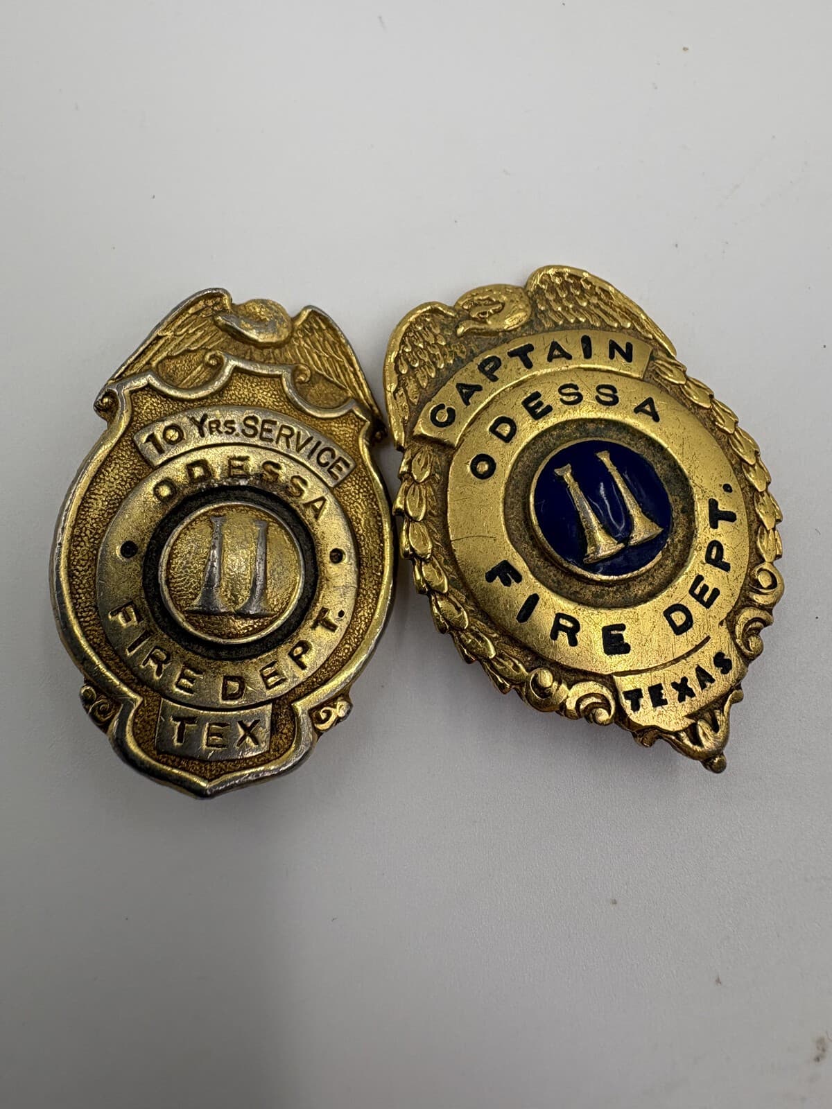 Vintage Odessa TX Fire Dept Captain 10 Year Service Badges Lot of 2