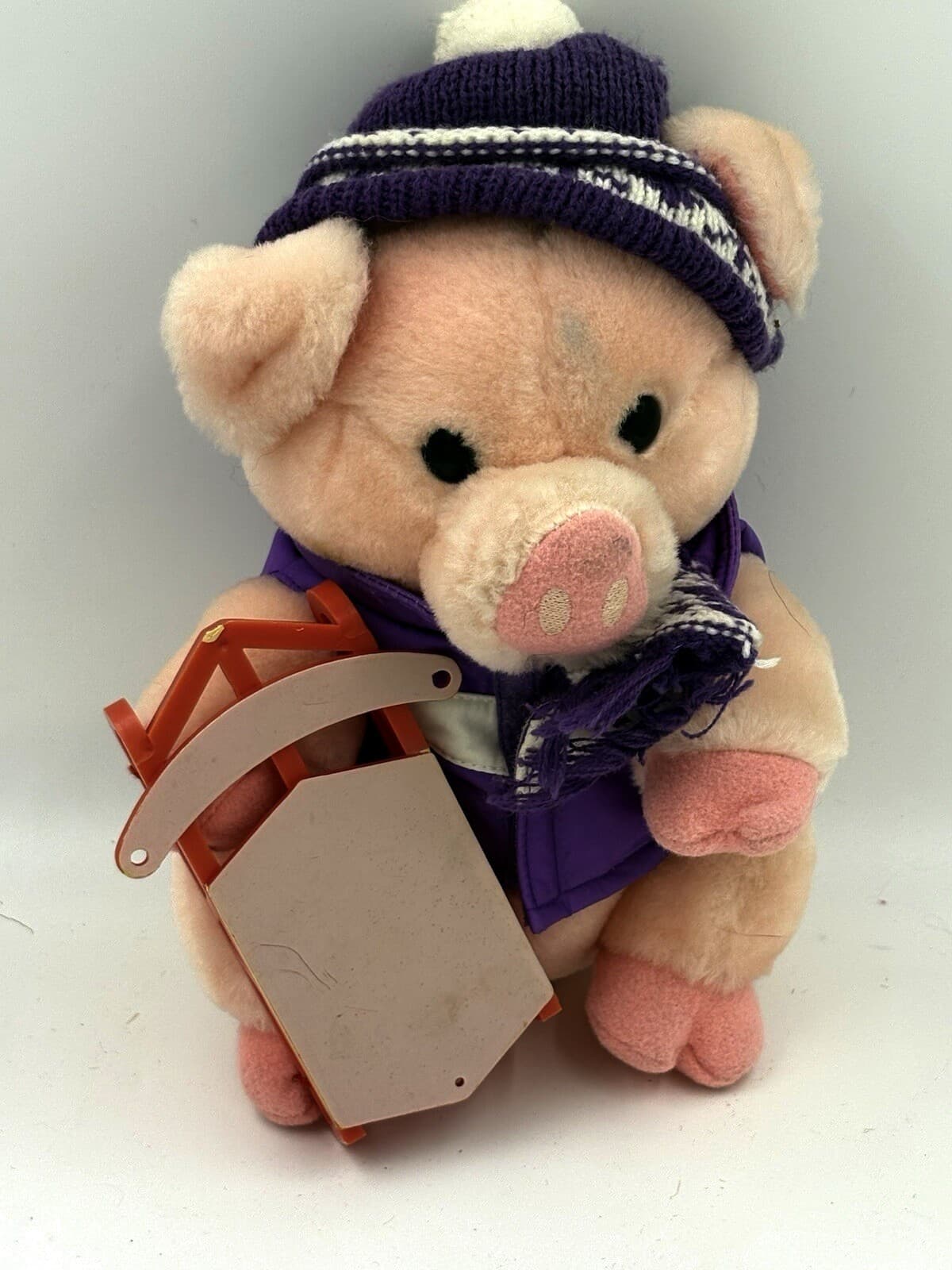 Vintage 1987 Dakin Snow Pig Plush w/ Sled Purple Outfit 8"