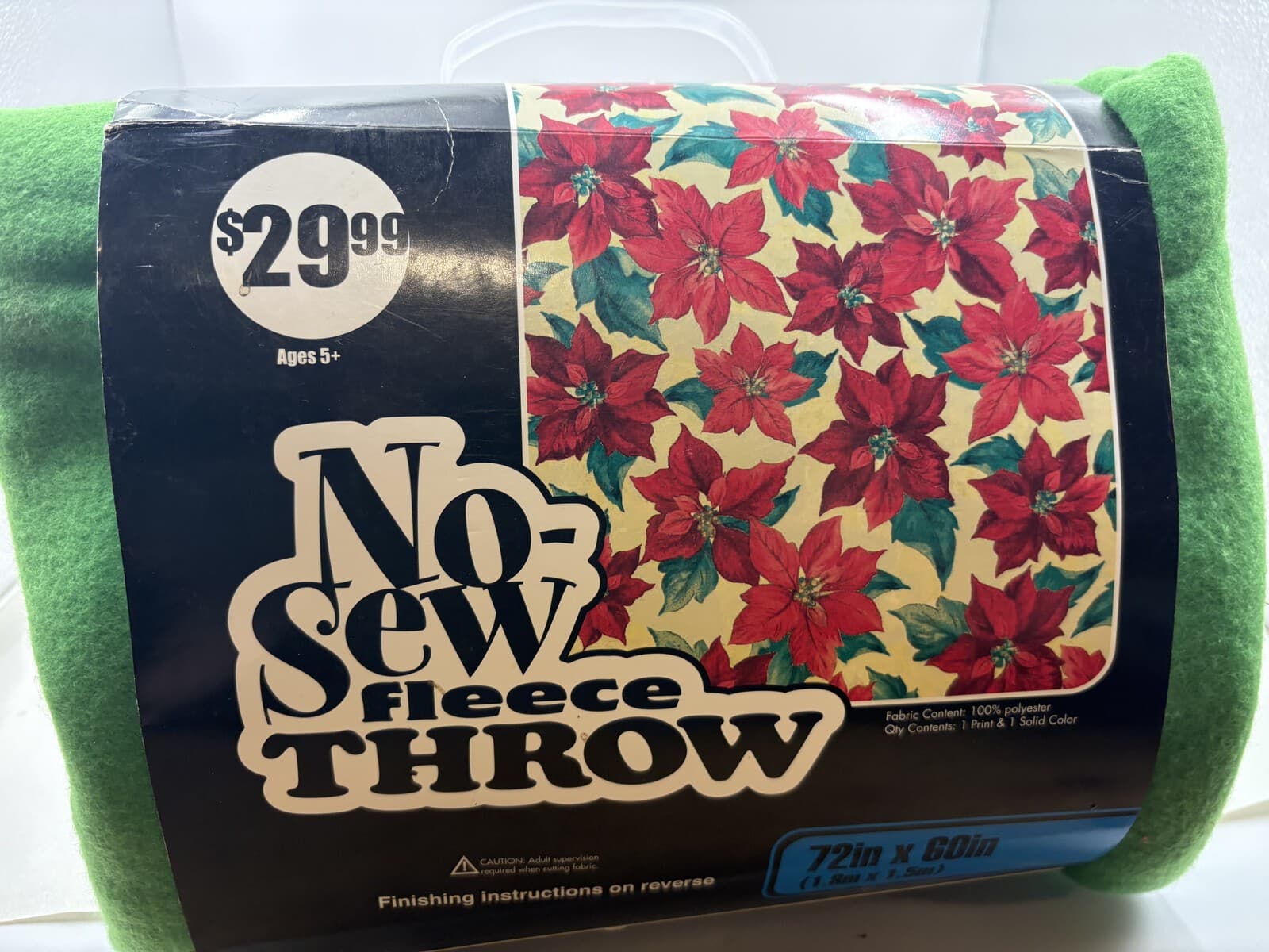 Poinsettia No-Sew Fleece Throw Kit 72 x 60 Red & Green Polyester