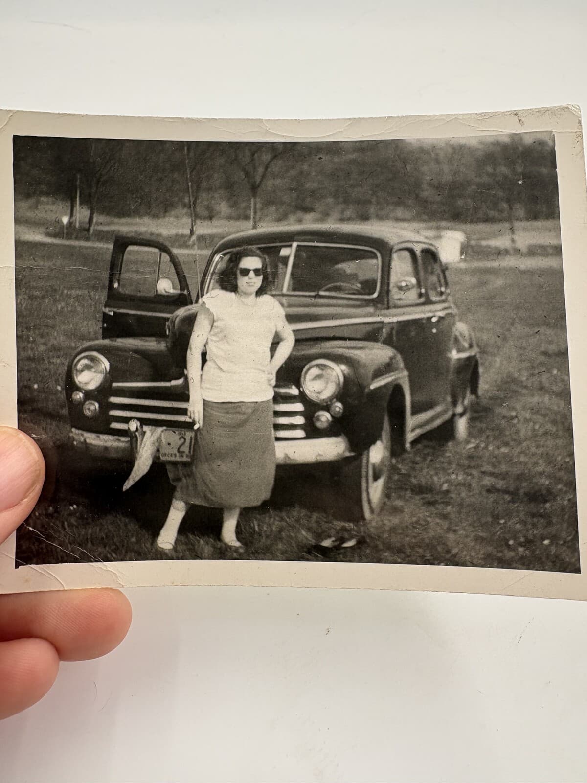 Original 1940s Snapshot Photo Woman with 1947-48 Ford Sedan Sunglasses