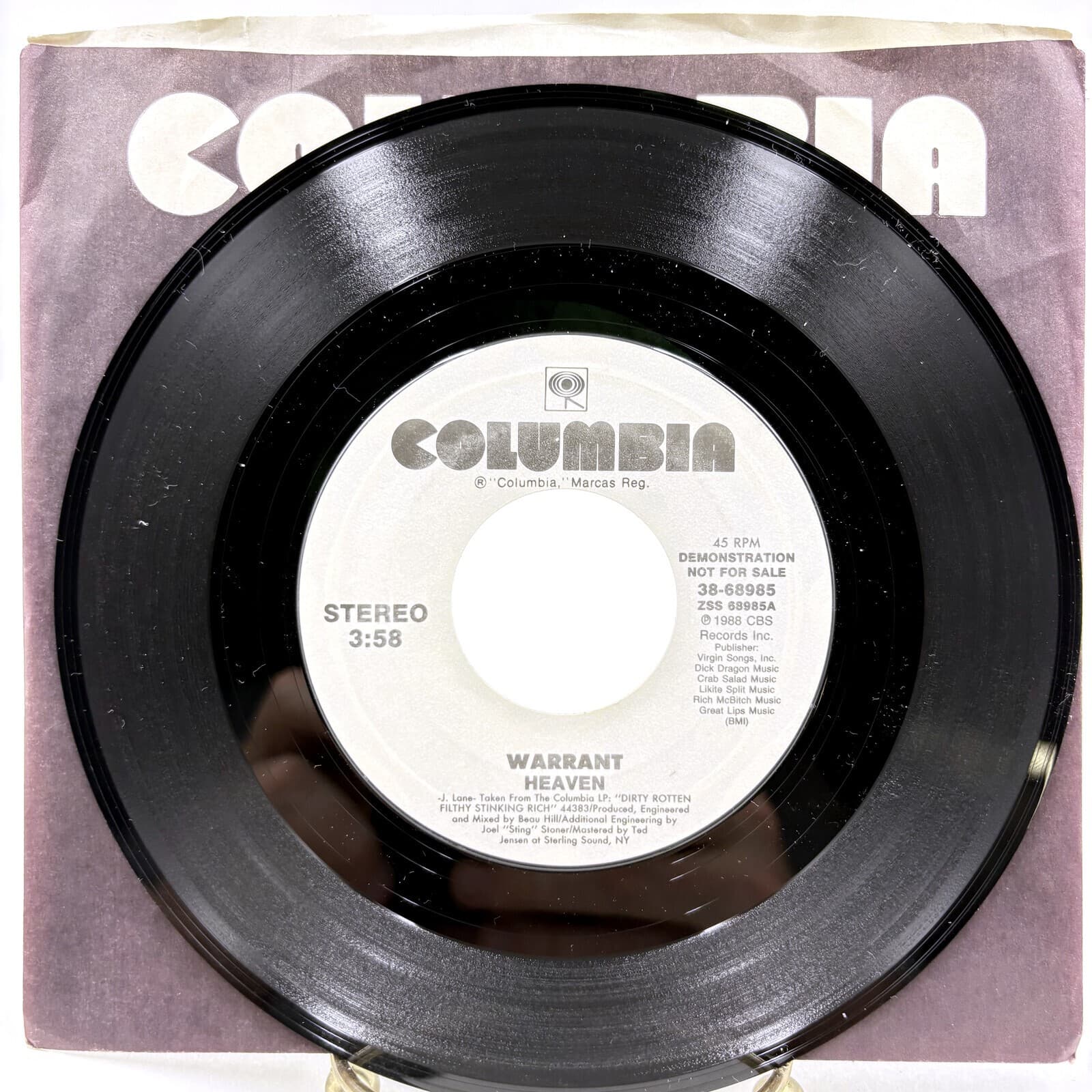 Warrant Heaven White Label Promo 7" 45 Columbia 38-68985