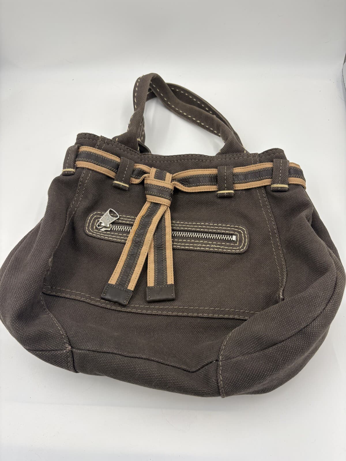 Kathy Van Zeeland Brown Canvas Belted Shoulder Bag Blue Lining