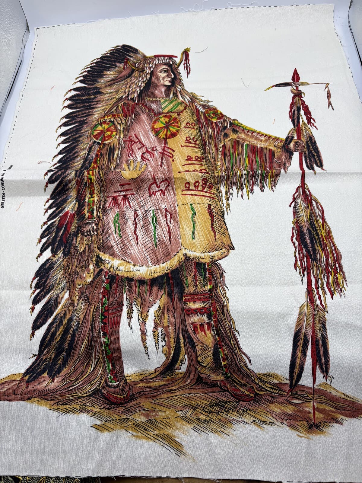 Vintage Wesco-Reltex Mato-Tope Mandan Chief Fabric Panel 30x22