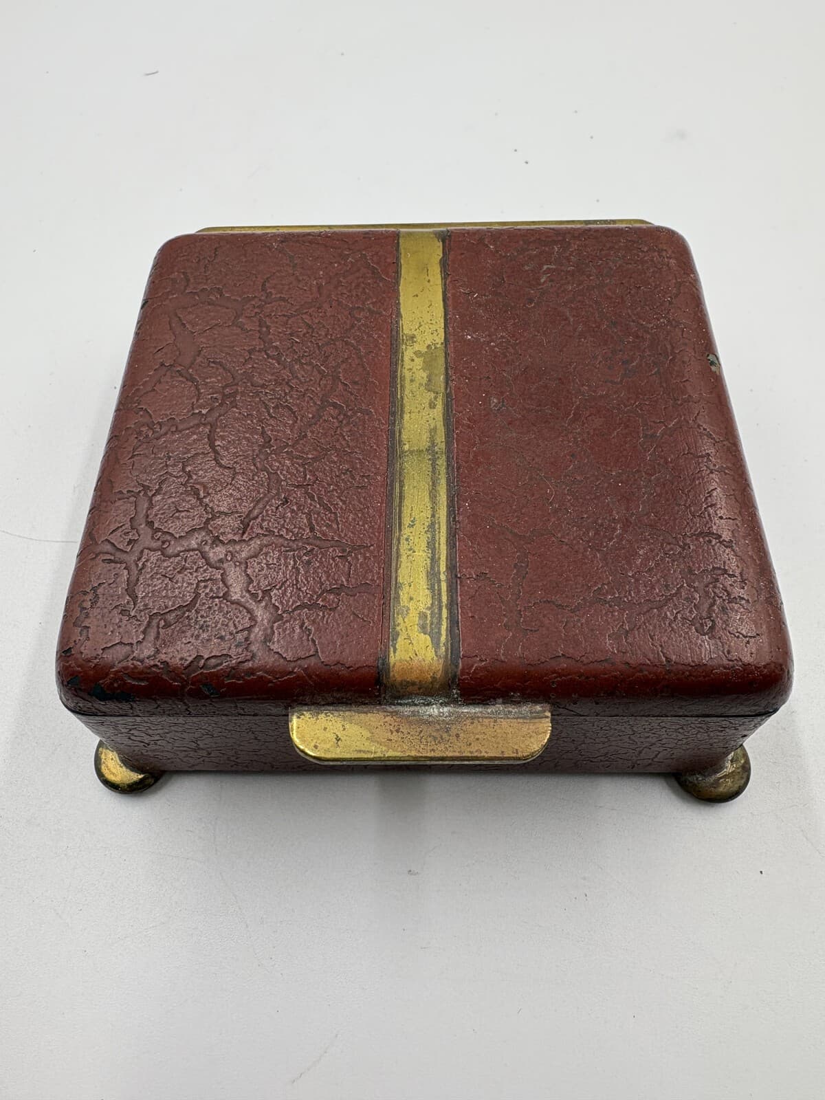 Vintage Burgundy Crackle-Finish Wooden Trinket Box Brass Trim Feet