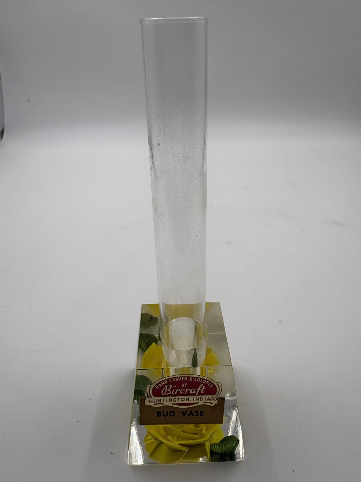 Vintage Bircraft Lucite Yellow Rose Glass Tube Bud Vase Huntington IN