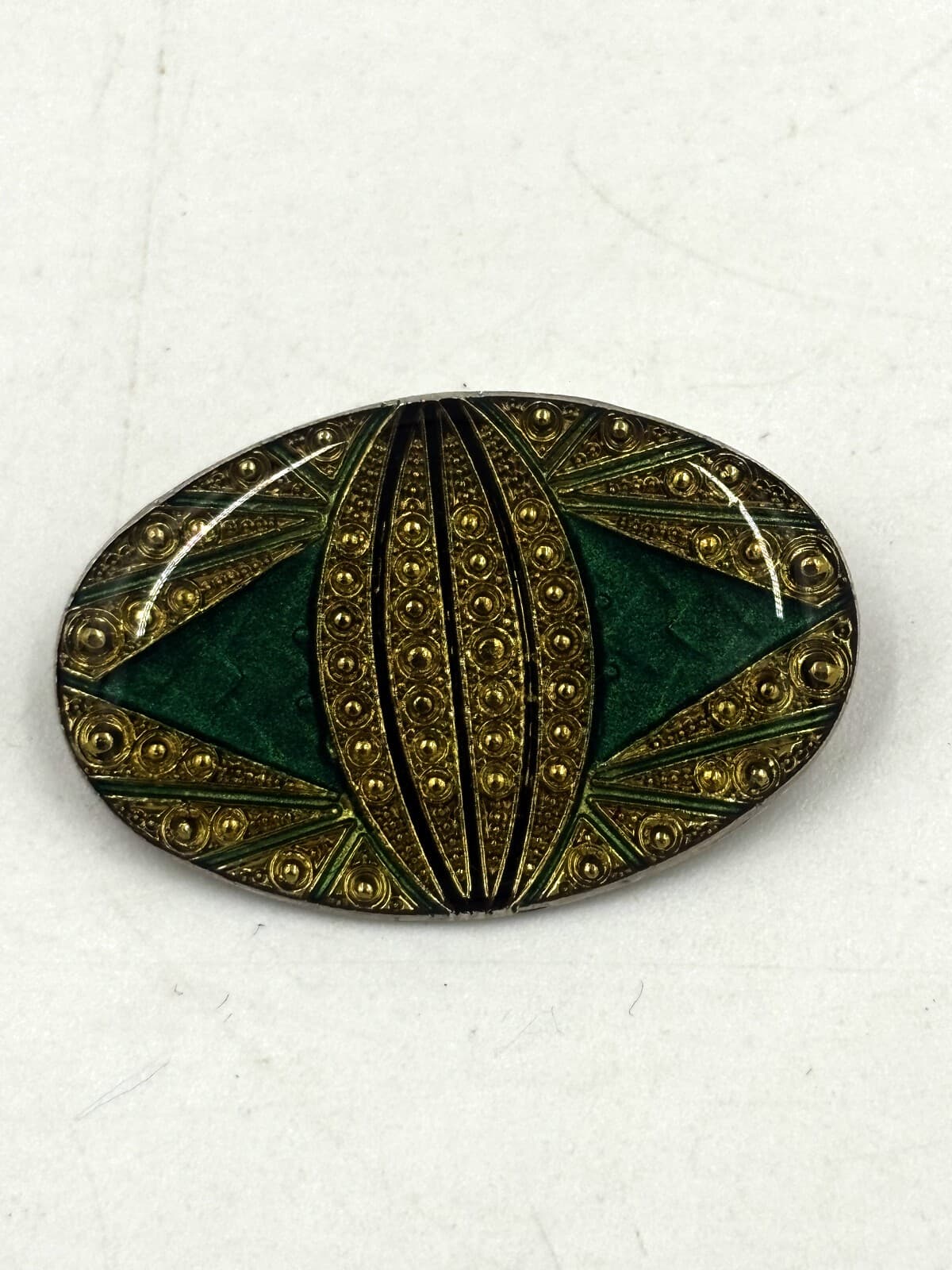 Vintage Art Deco Style Green Gold Foil Resin Oval Brooch Pin