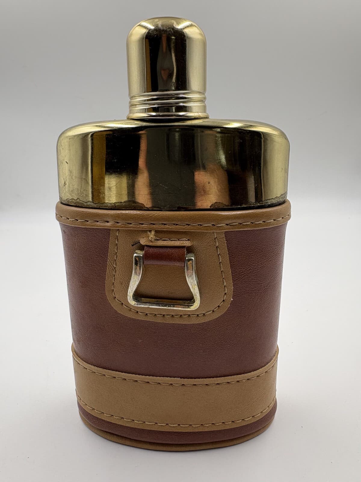 Vintage Unbranded Glass Hip Flask Leather-Style Cover Gold-Tone Cap 7.5 in