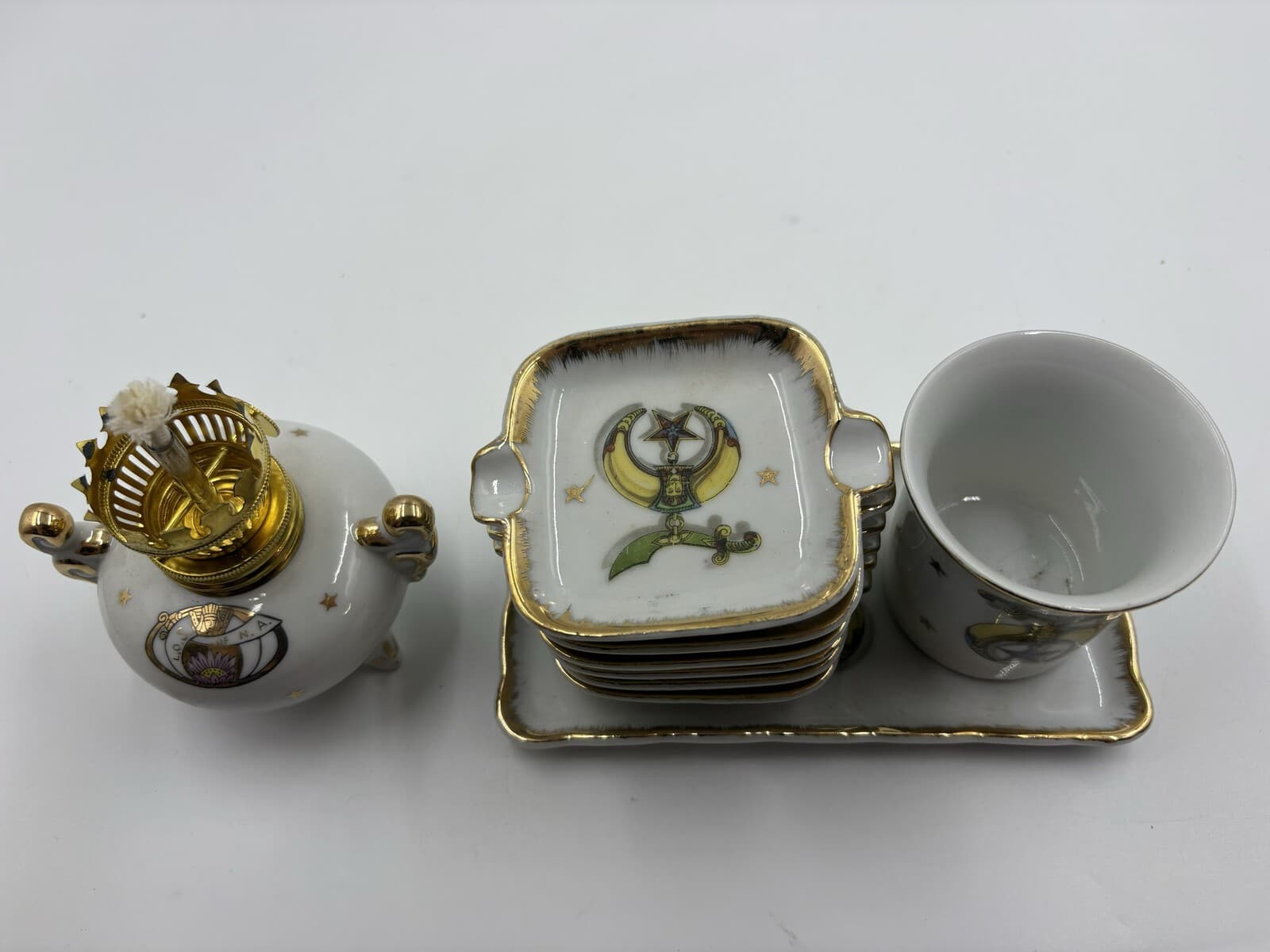 Vintage H.B. Mackrides Masonic Shriners Porcelain Smoking Set Japan 10-Pc
