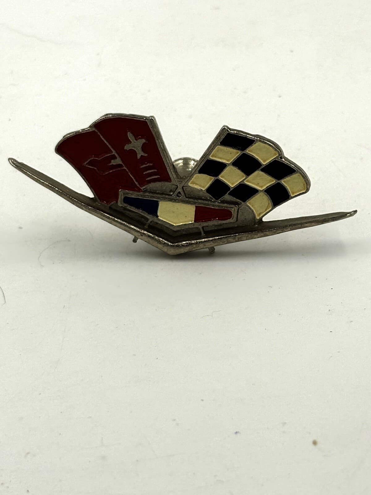 Vintage Chevrolet Corvette Crossed Flags Ski Enamel Lapel Pin TM GM
