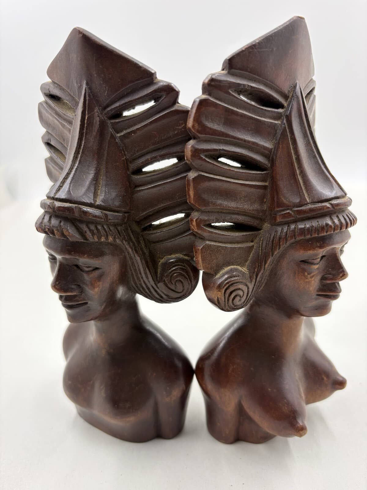 Vintage Mabini Handicraft Carved Wood Bust Pair Made in Philippines