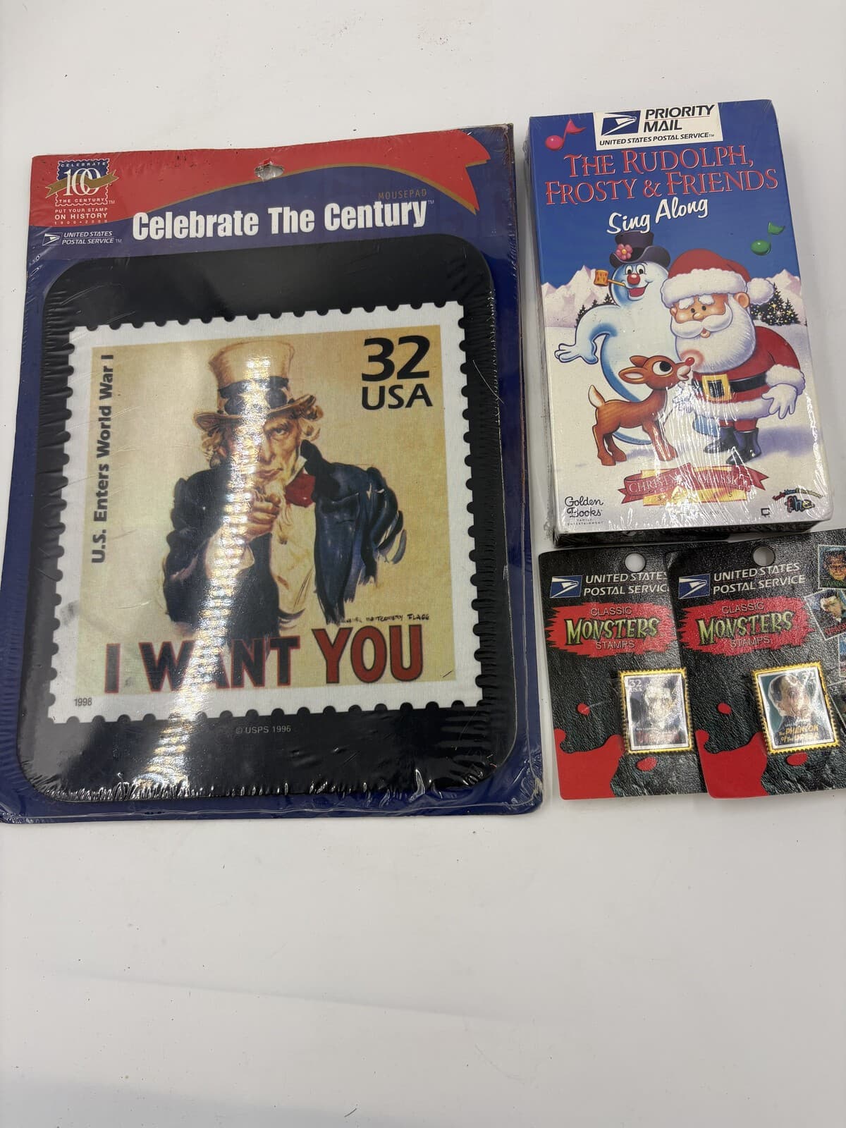 USPS Celebrate Century Mousepad Rudolph VHS Classic Monsters Pins