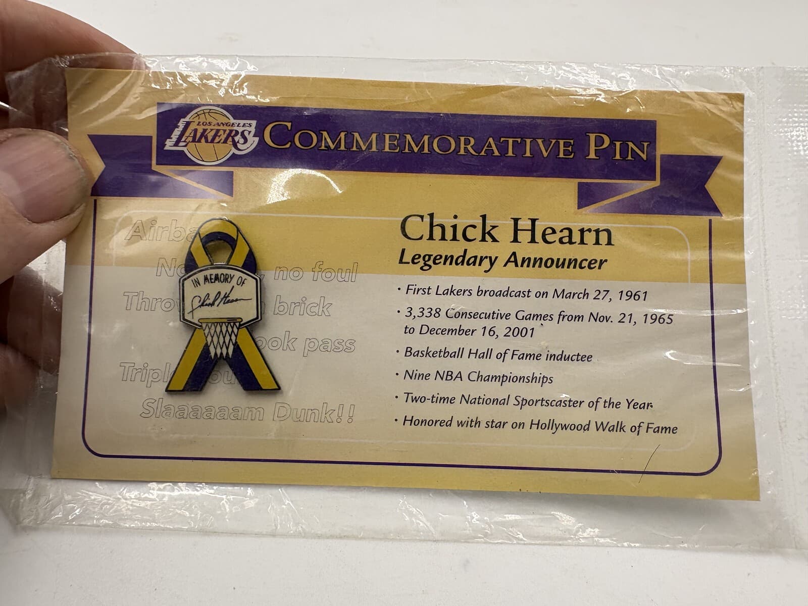 Vintage Los Angeles Lakers Chick Hearn "In Memory Of" Commemorative Pin