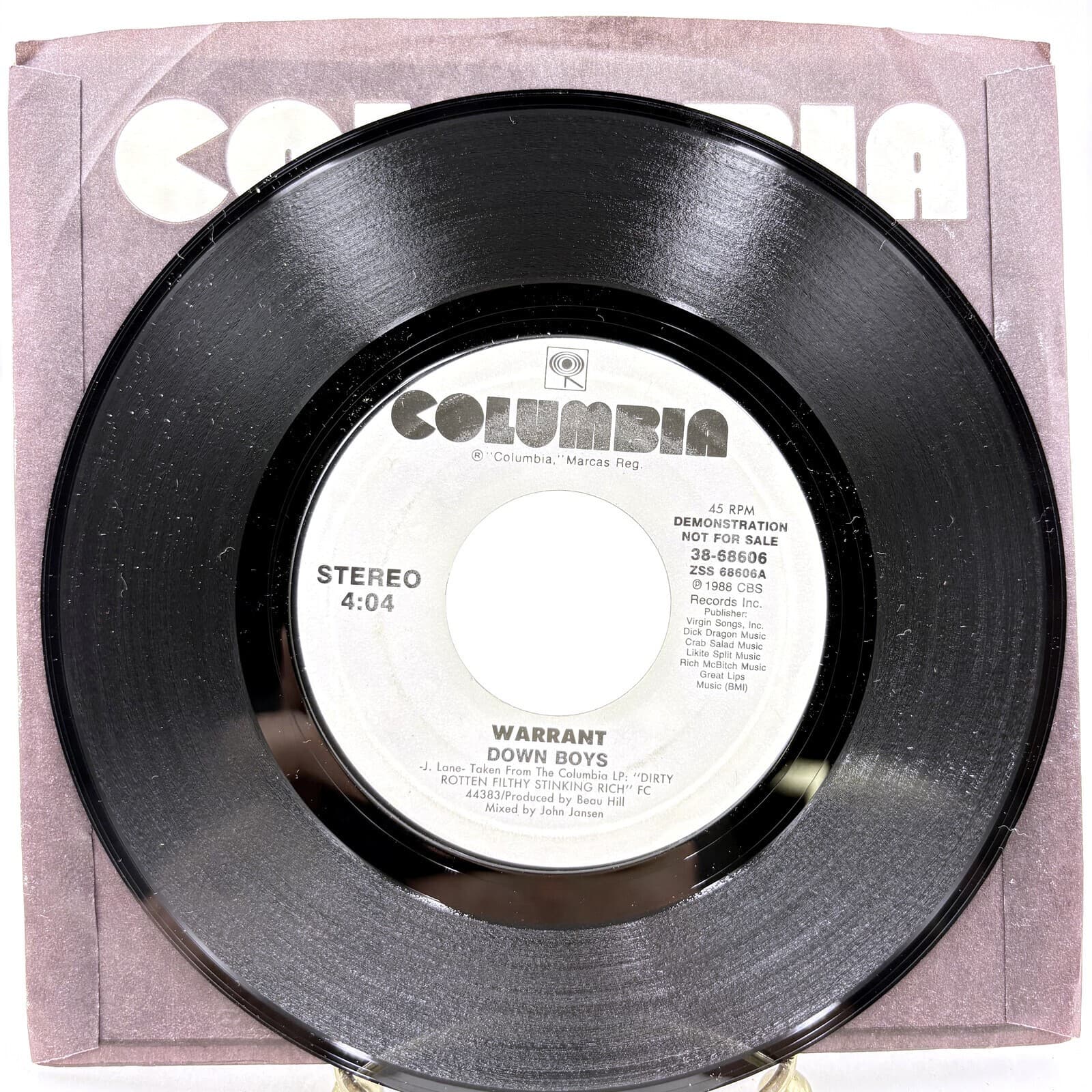 Warrant Down Boys 1989 Columbia Promo 7in 45 RPM Vinyl 38-68606