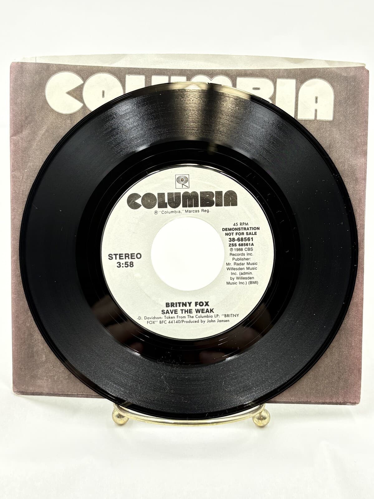 Britny Fox Save the Weak 1989 7" 45 RPM Columbia 38-68561 Promo