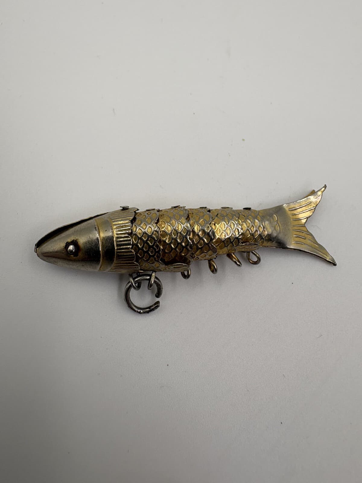 Vintage Articulated Fish Pendant Gold Tone Red Eyes 1.75 in