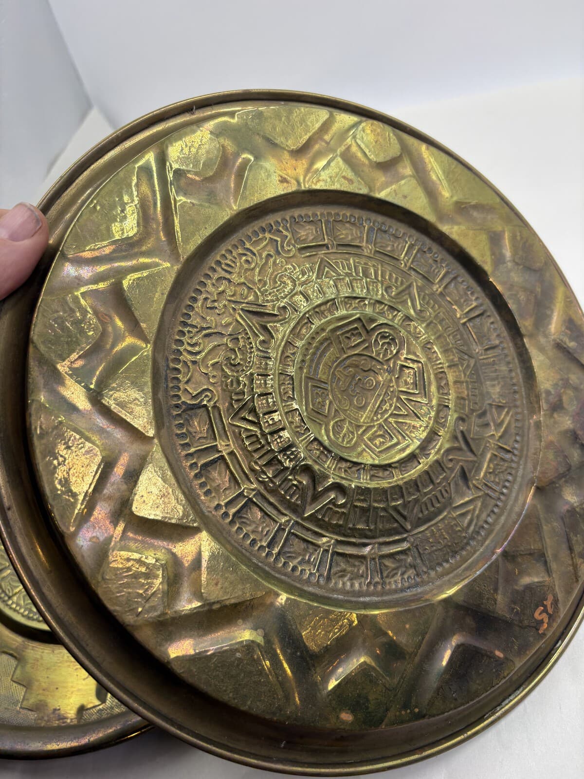 Vintage Mexican Aztec Calendar Brass Wall Plaques Set of 2 Folk Art