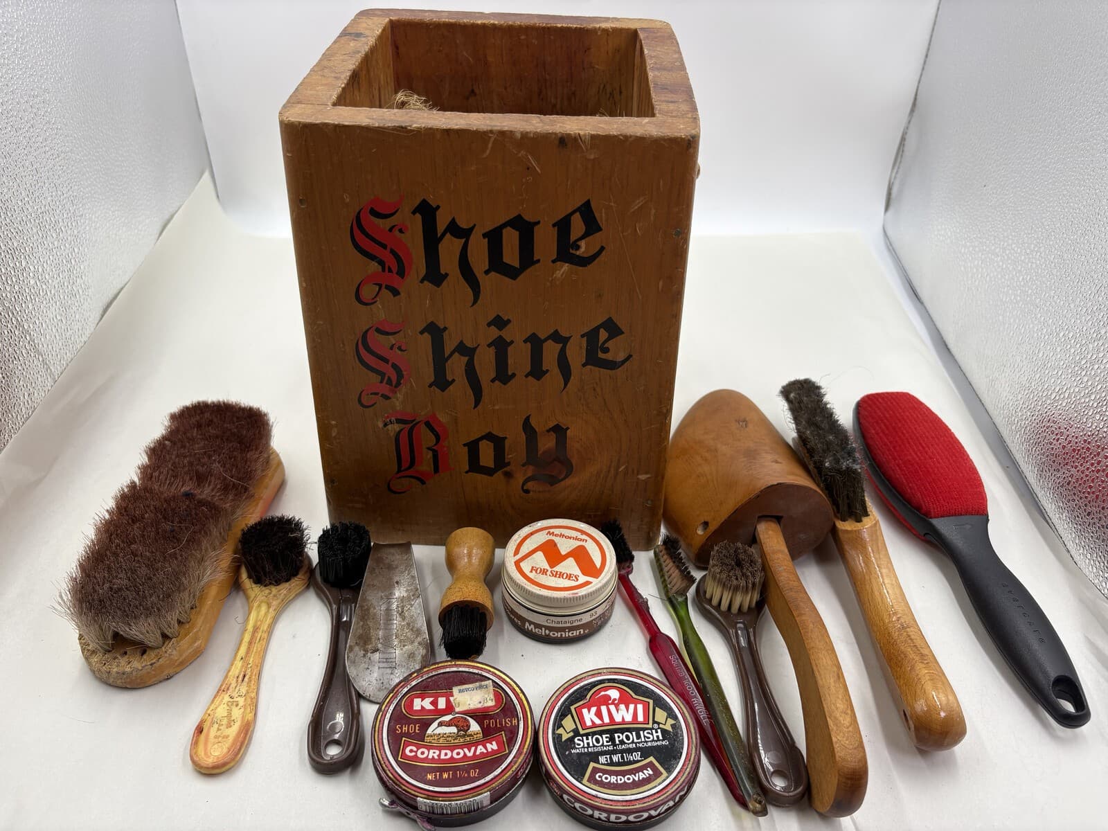 Vintage Shoe Shine Boy Wooden Box Kit Brushes Kiwi Meltonian Polish Lot