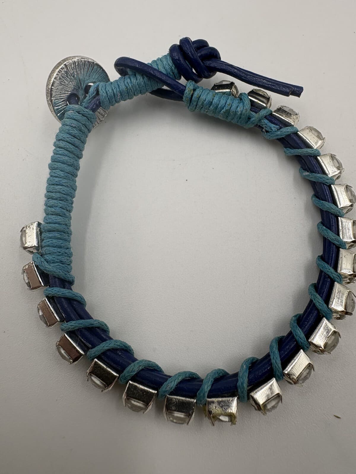 Blue Leather Clear Rhinestone Wrap Bracelet Silver Tone Boho