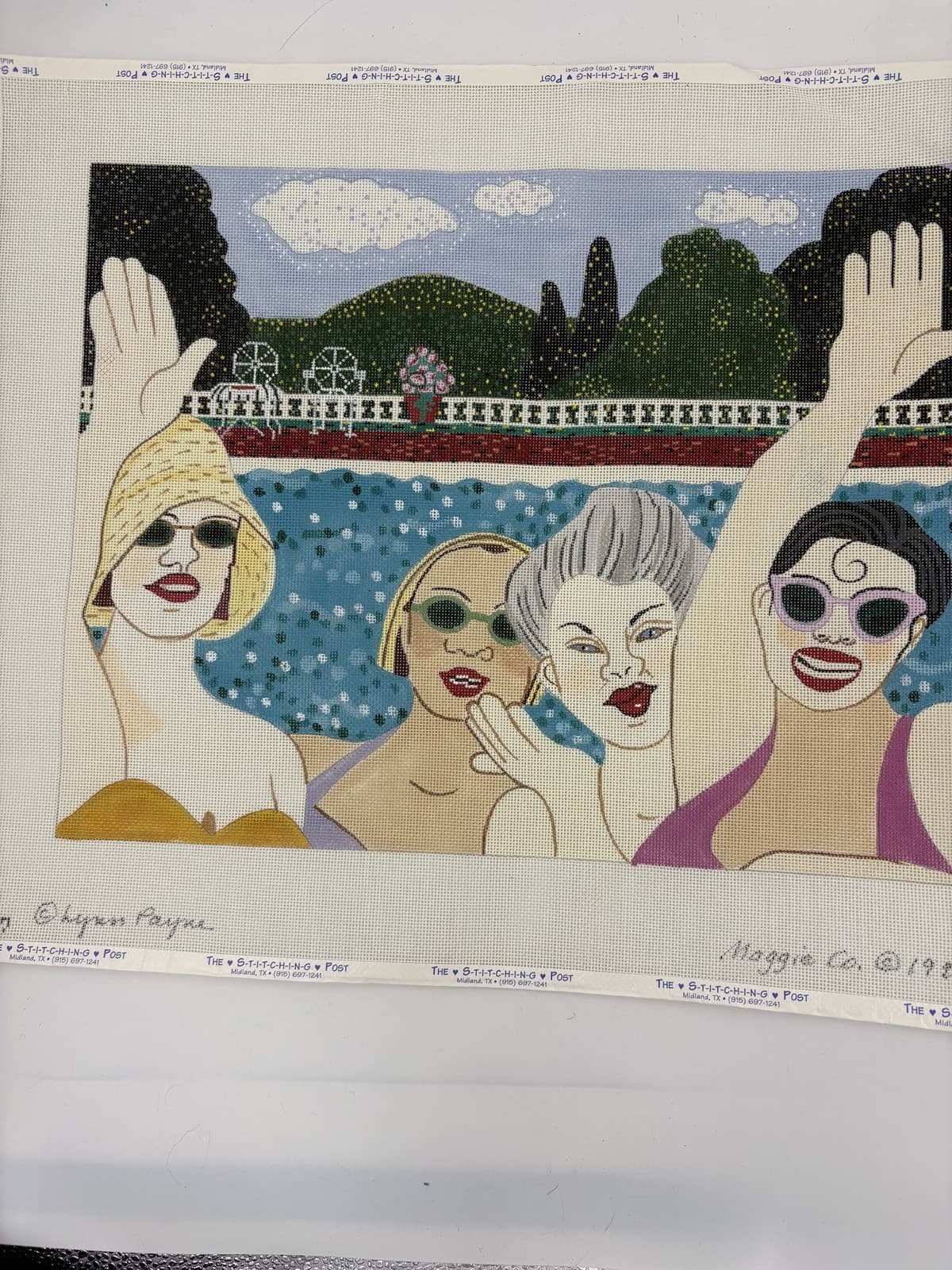 Maggie Co Signed Needlepoint Canvas Women Lounging Pool Scene Unworked