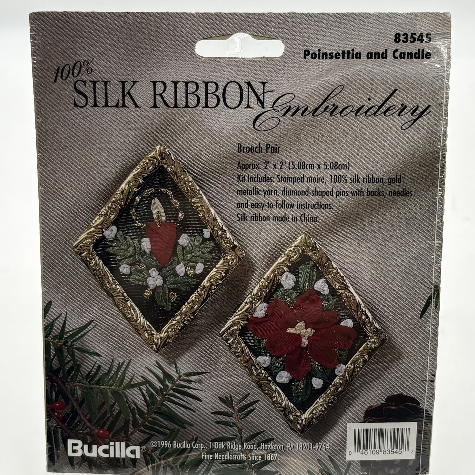 Bucilla 83545 Poinsettia Candle Silk Ribbon Embroidery Brooch Pair Kit