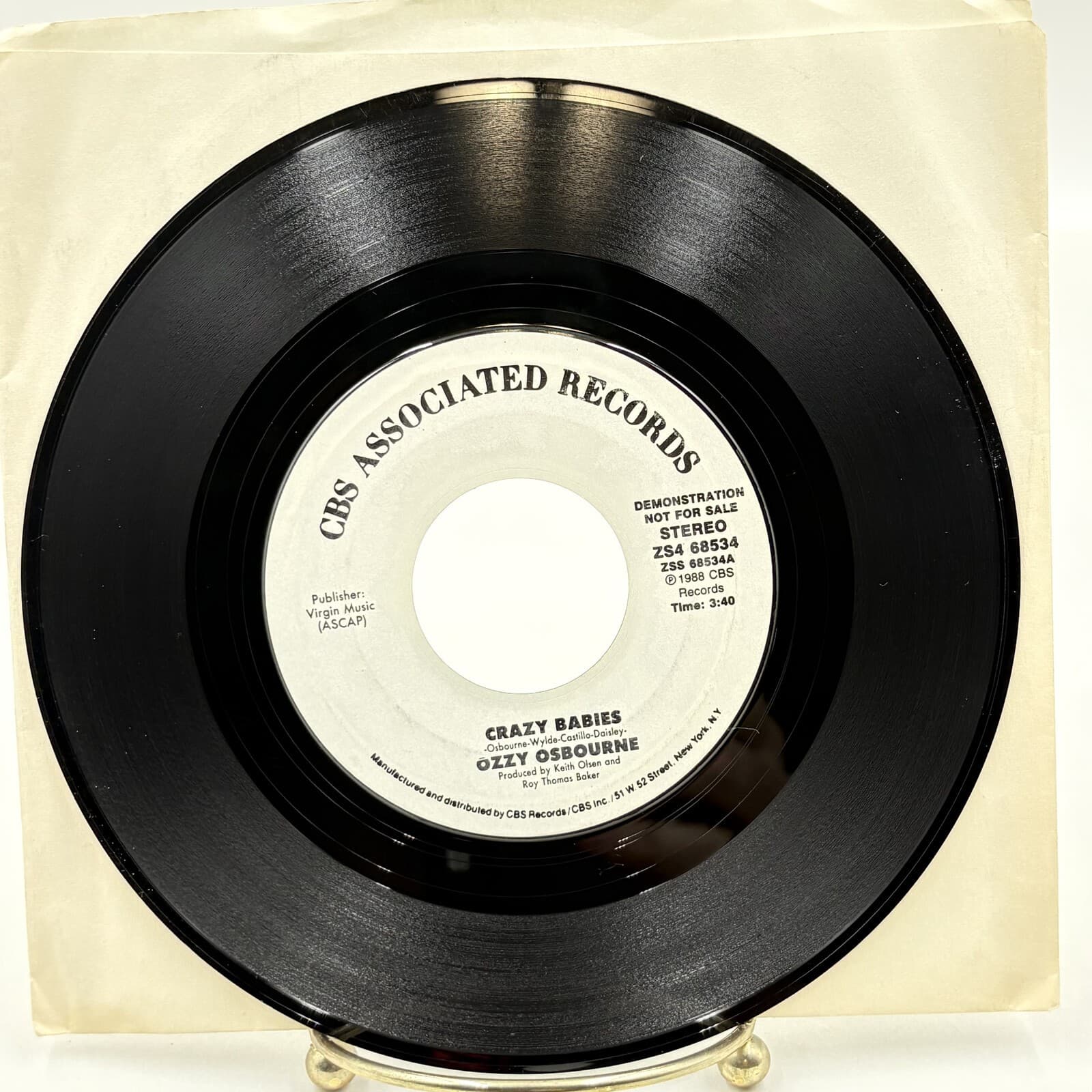Ozzy Osbourne Crazy Babies 7" 45 RPM White Label Promo ZS4 68534 1988