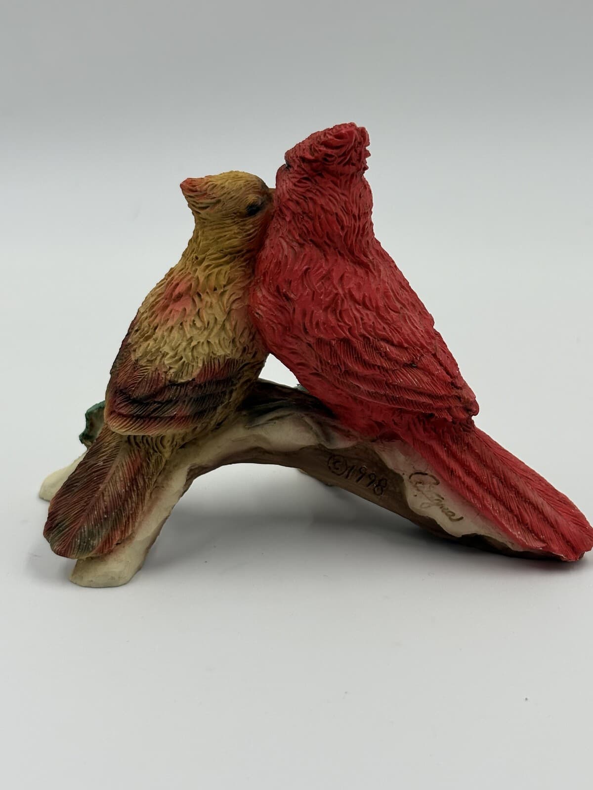 Cardinal Pair Figurine Male Female Birds on Branch Holly Berries Resin