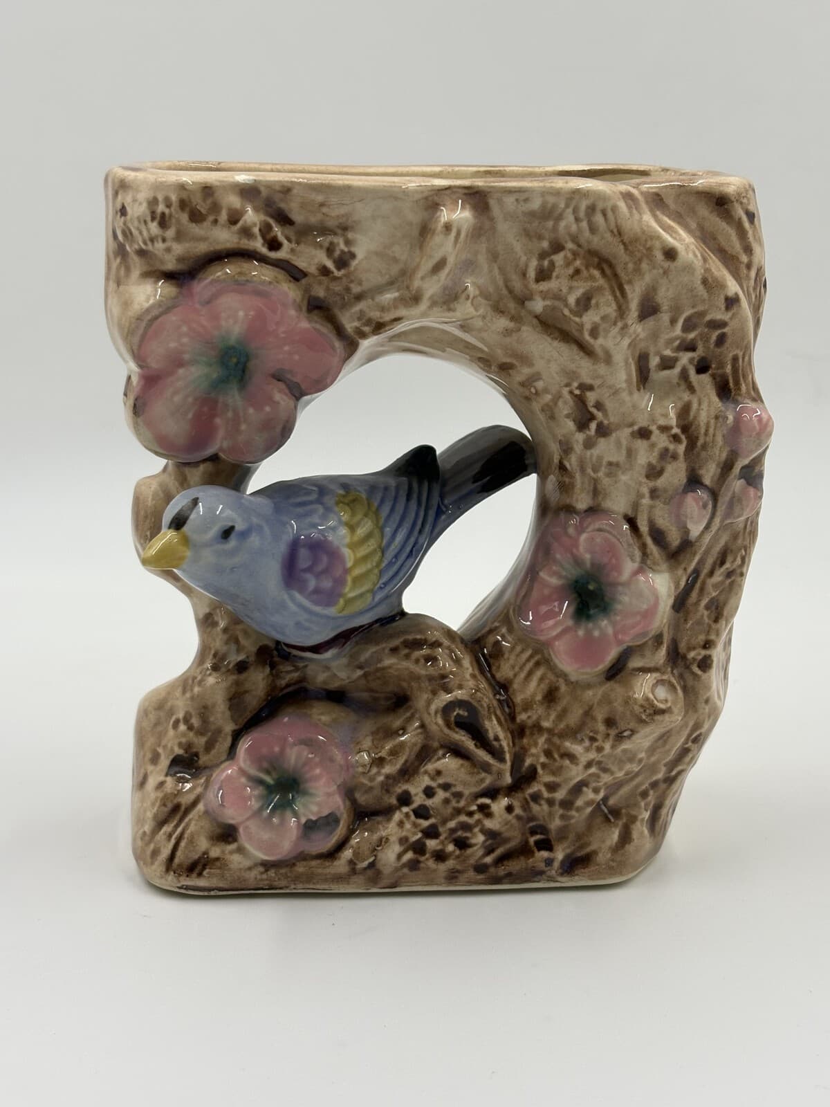 Vintage Occupied Japan Ceramic Blue Bird Tree Stump Planter Pink Flowers