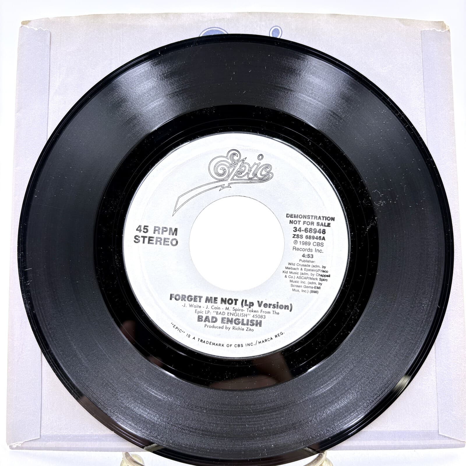 Bad English Forget Me Not 1989 Epic Promo 7" 45 RPM Vinyl 34-68946