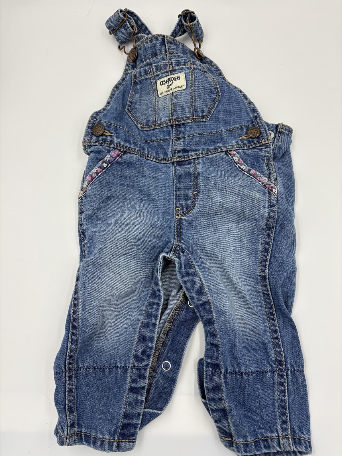 OshKosh B'Gosh Baby Toddler Denim Overalls Floral Trim Snap Leg 6M