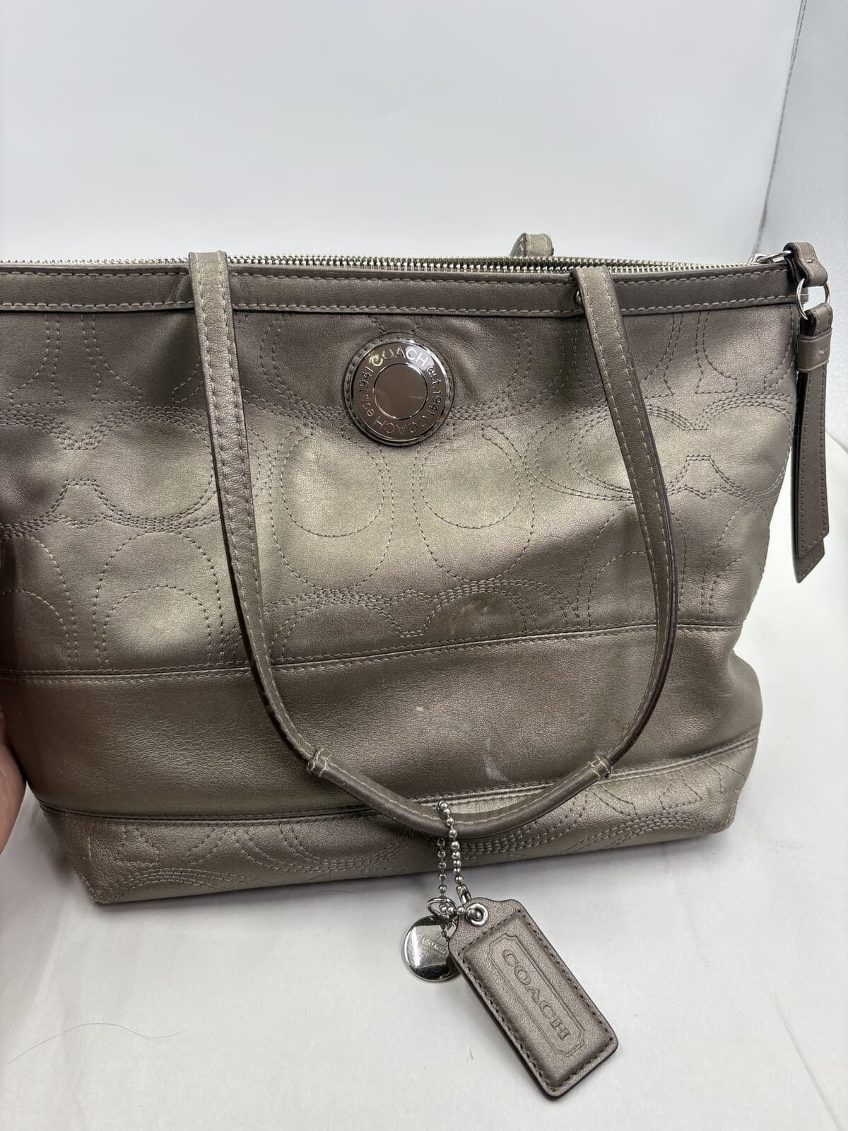 Coach F19401 Metallic Pewter Signature Stitched Leather Tote Handbag