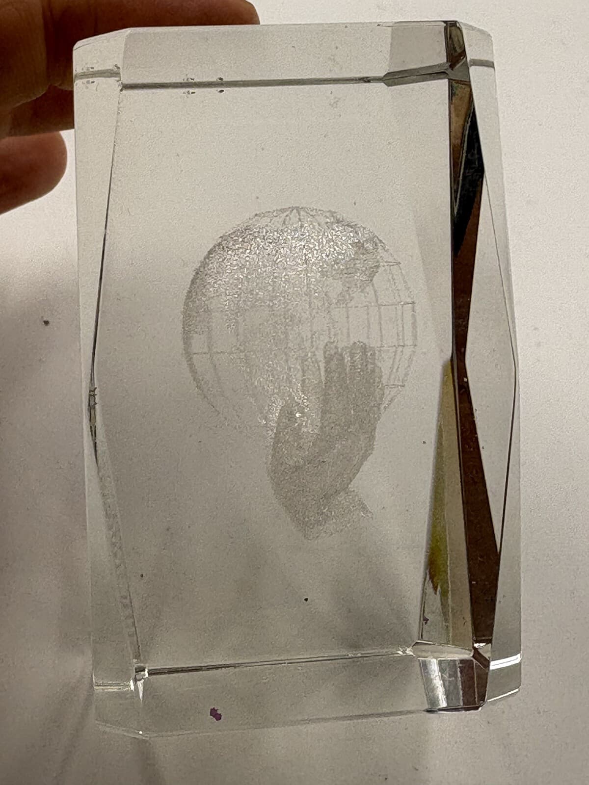 3D Laser Etched Crystal Glass Paperweight World in Hands 3.5"