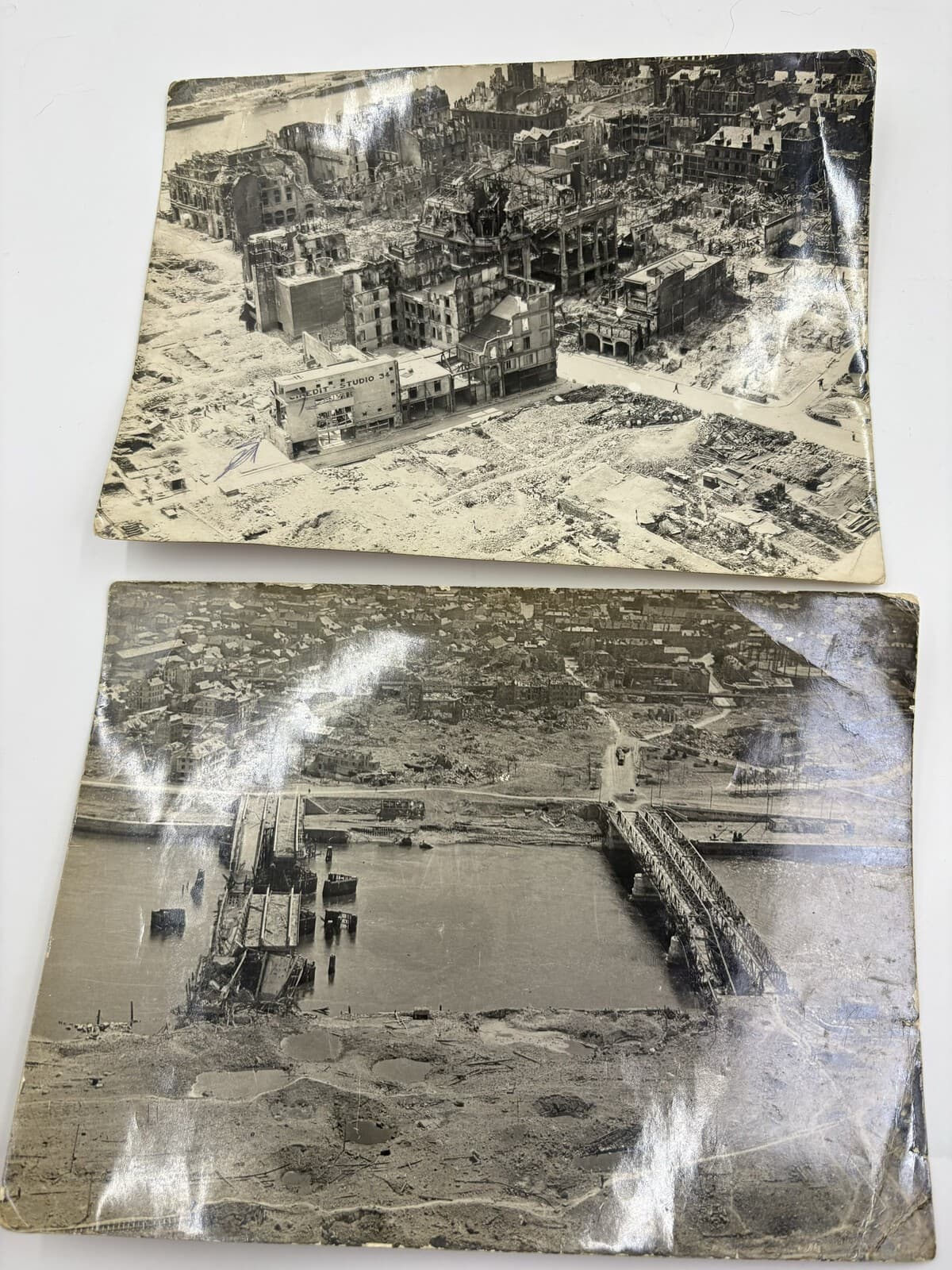 Pair Original WWII Rouen France Bomb Damage Bridge Photos 1944